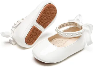 Baby Girls Mary Jane Flats - Infant Newborn Walking Shoes Soft Rubber Sole Princess Wedding