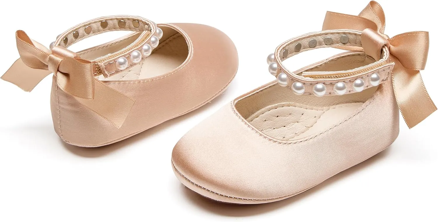Baby Girls Mary Jane Flats - Infant Newborn Walking Shoes Soft Rubber Sole Princess Wedding