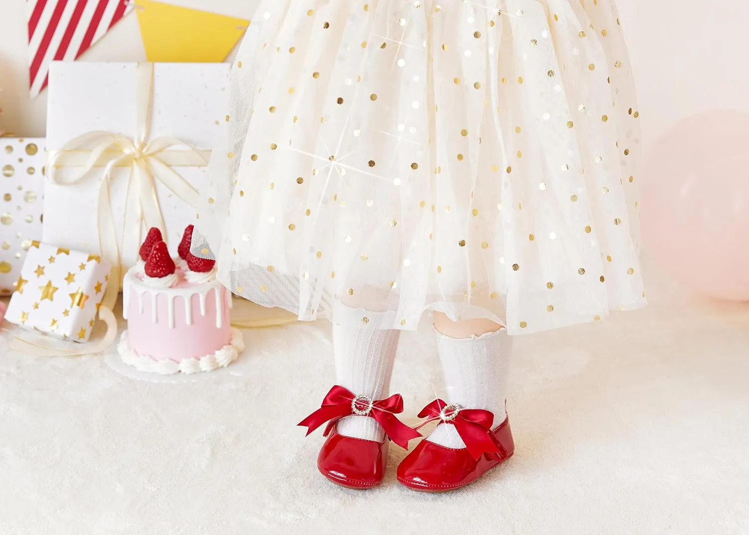 Baby Girls Mary Jane Flats - Infant Newborn Walking Shoes Soft Rubber Sole Princess Wedding