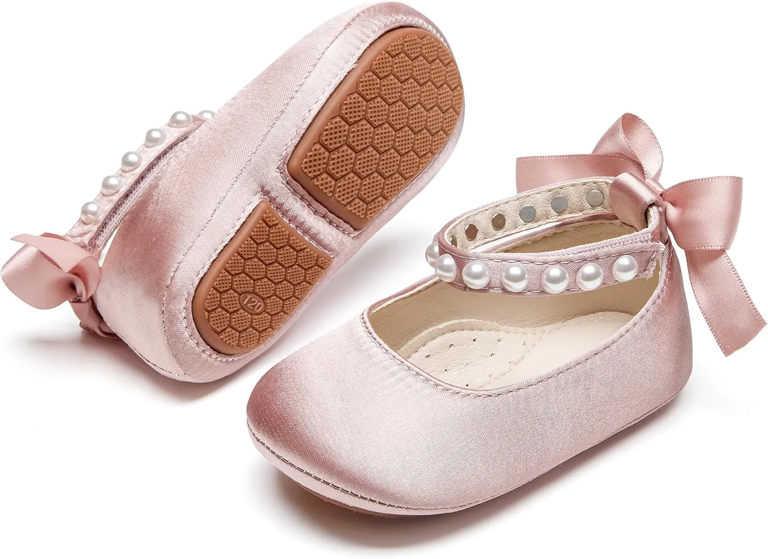 Baby Girls Mary Jane Flats - Infant Newborn Walking Shoes Soft Rubber Sole Princess Wedding