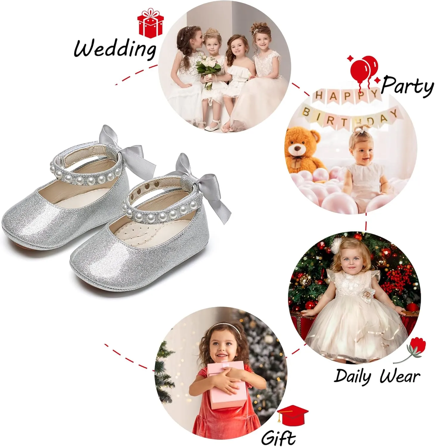 Baby Girls Mary Jane Flats - Infant Newborn Walking Shoes Soft Rubber Sole Princess Wedding