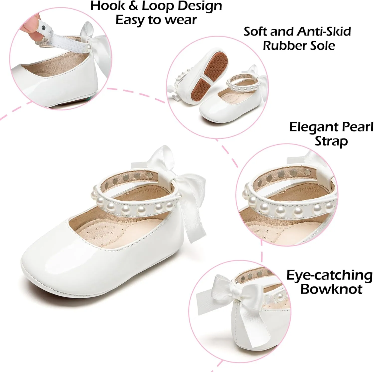 Baby Girls Mary Jane Flats - Infant Newborn Walking Shoes Soft Rubber Sole Princess Wedding