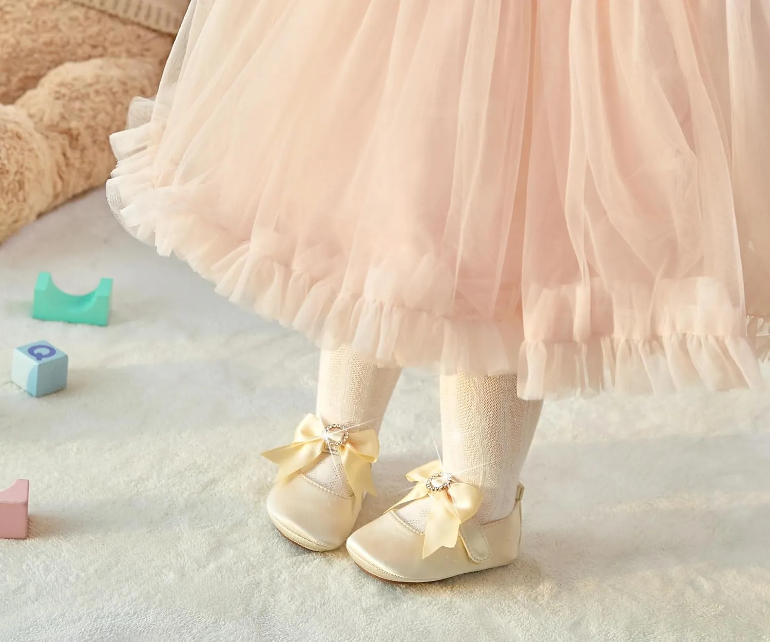 Baby Girls Mary Jane Flats - Infant Newborn Walking Shoes Soft Rubber Sole Princess Wedding