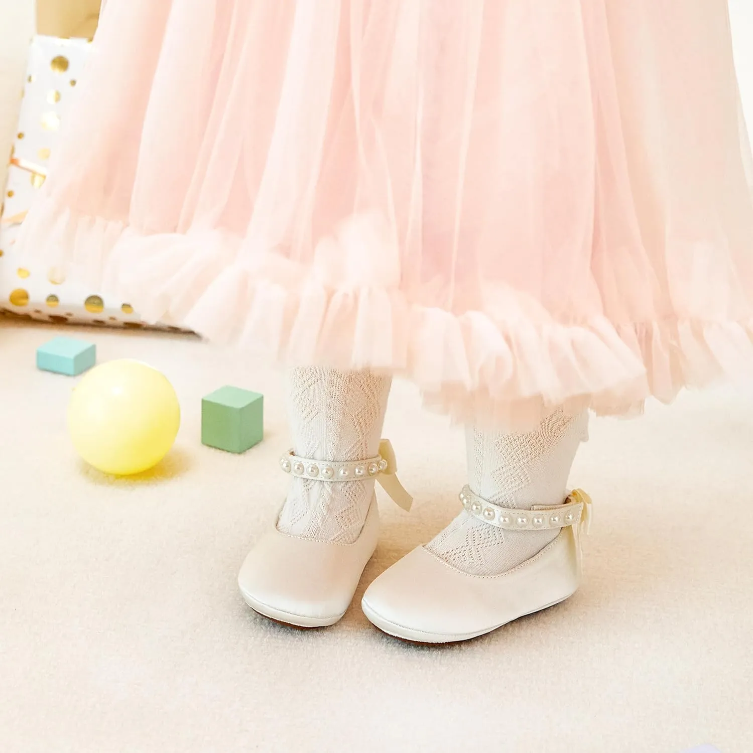 Baby Girls Mary Jane Flats - Infant Newborn Walking Shoes Soft Rubber Sole Princess Wedding