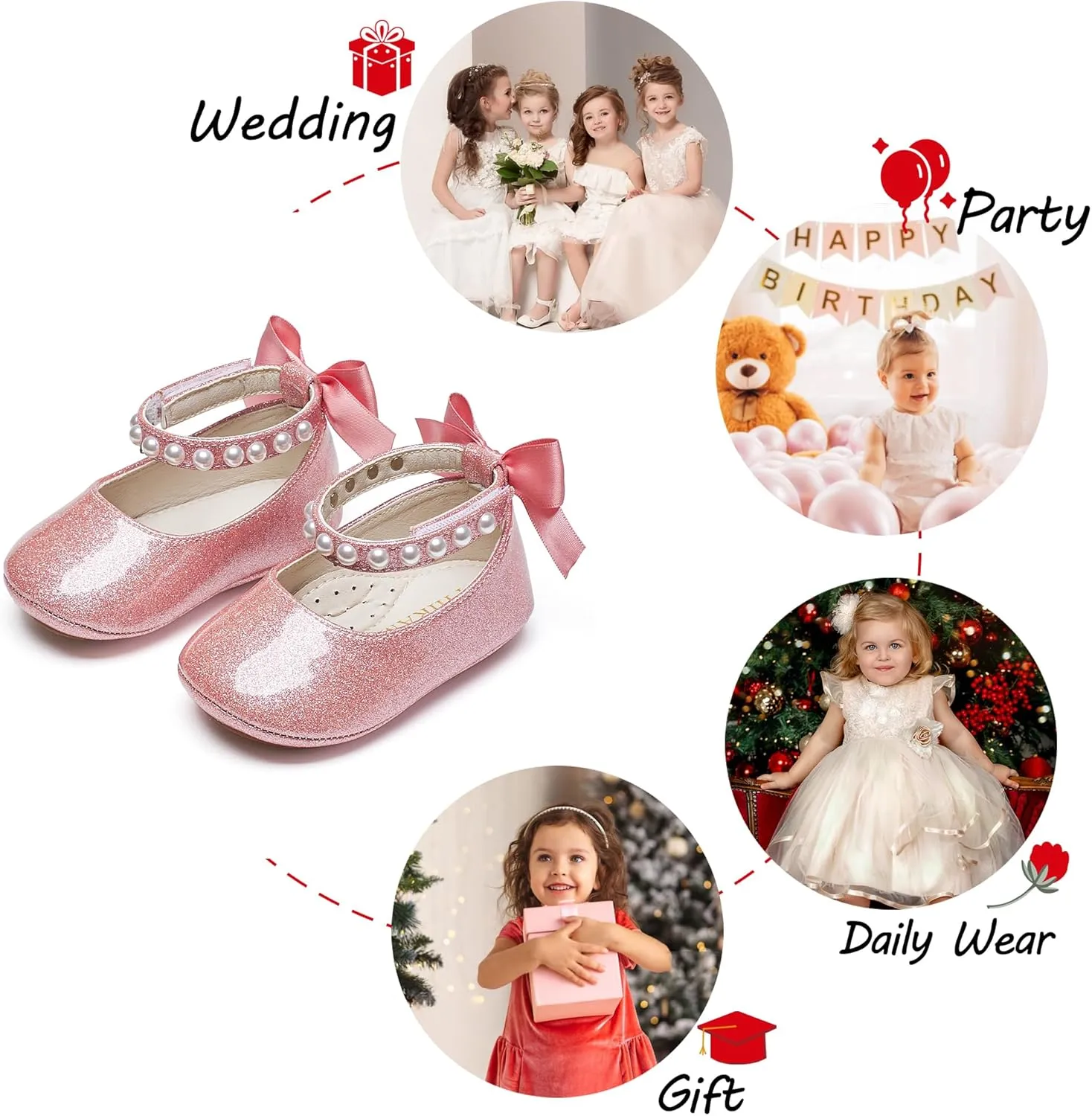 Baby Girls Mary Jane Flats - Infant Newborn Walking Shoes Soft Rubber Sole Princess Wedding