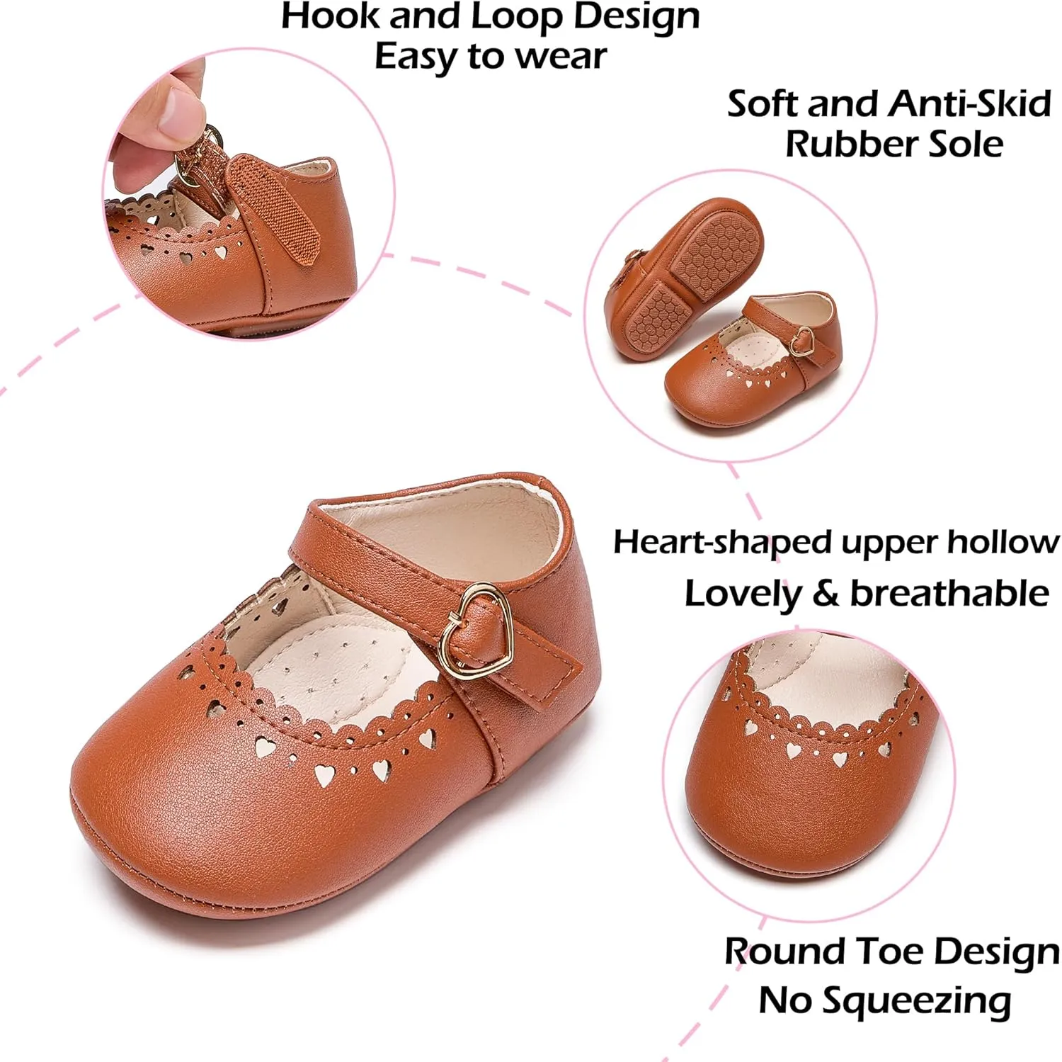 Baby Girls Mary Jane Flats - Infant Newborn Walking Shoes Soft Rubber Sole Princess Wedding