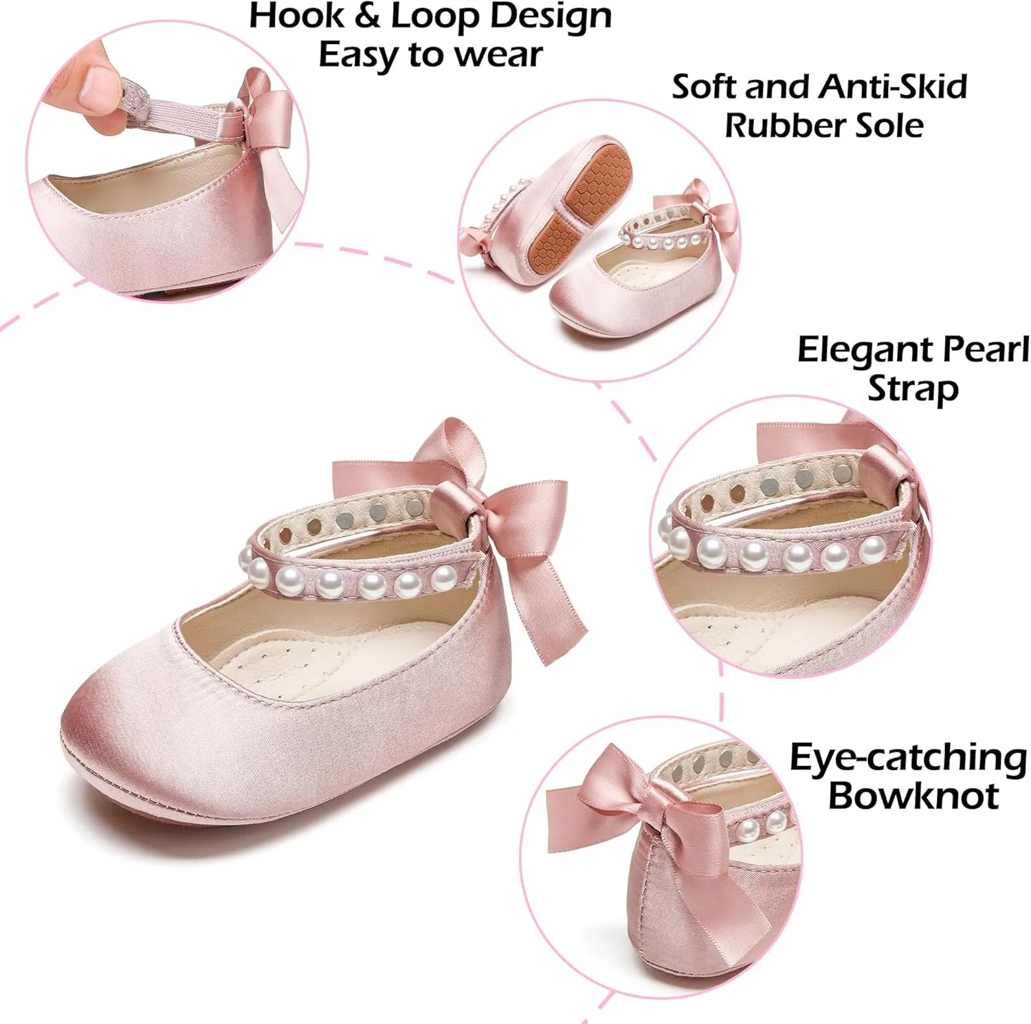 Baby Girls Mary Jane Flats - Infant Newborn Walking Shoes Soft Rubber Sole Princess Wedding