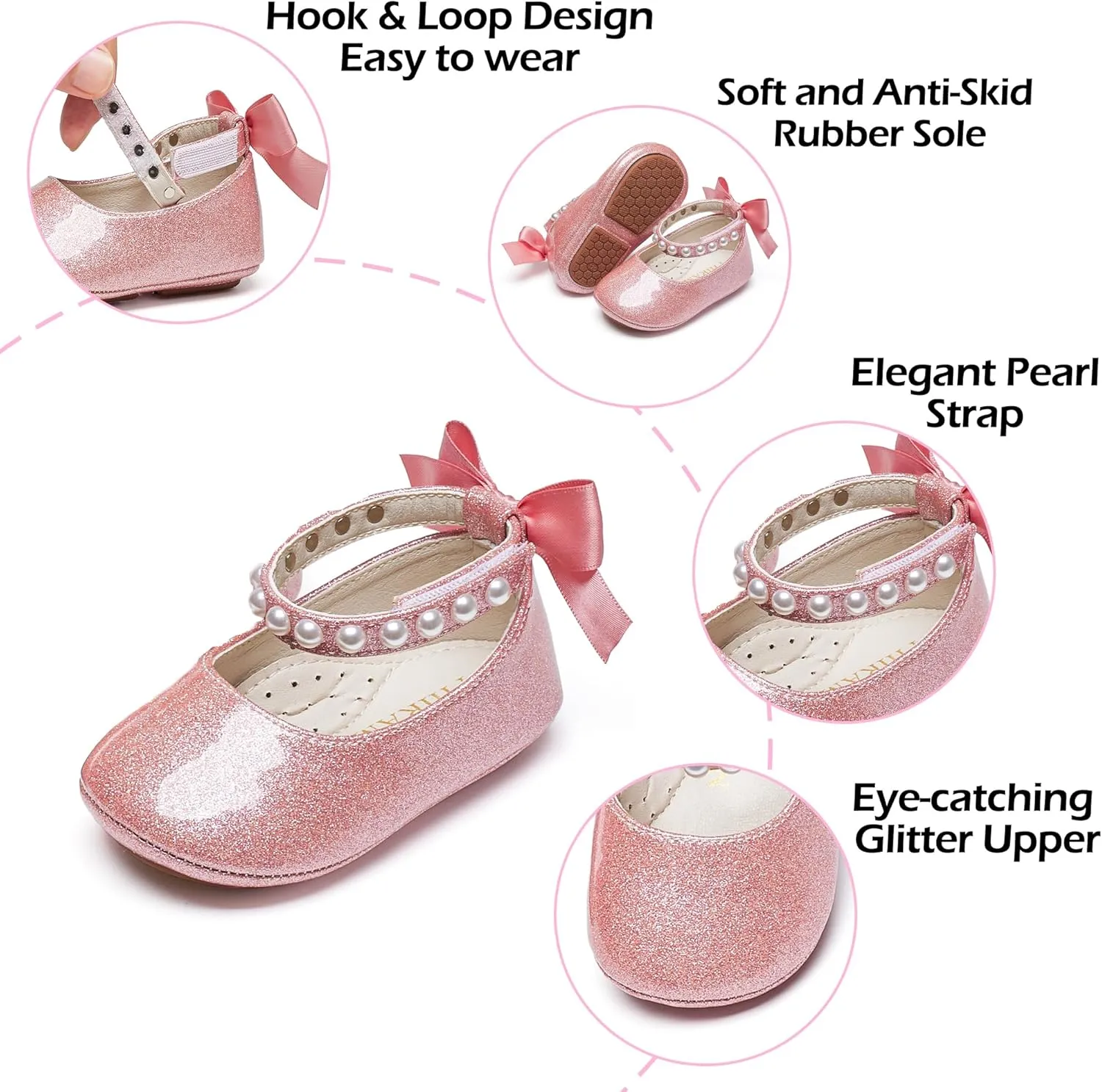 Baby Girls Mary Jane Flats - Infant Newborn Walking Shoes Soft Rubber Sole Princess Wedding