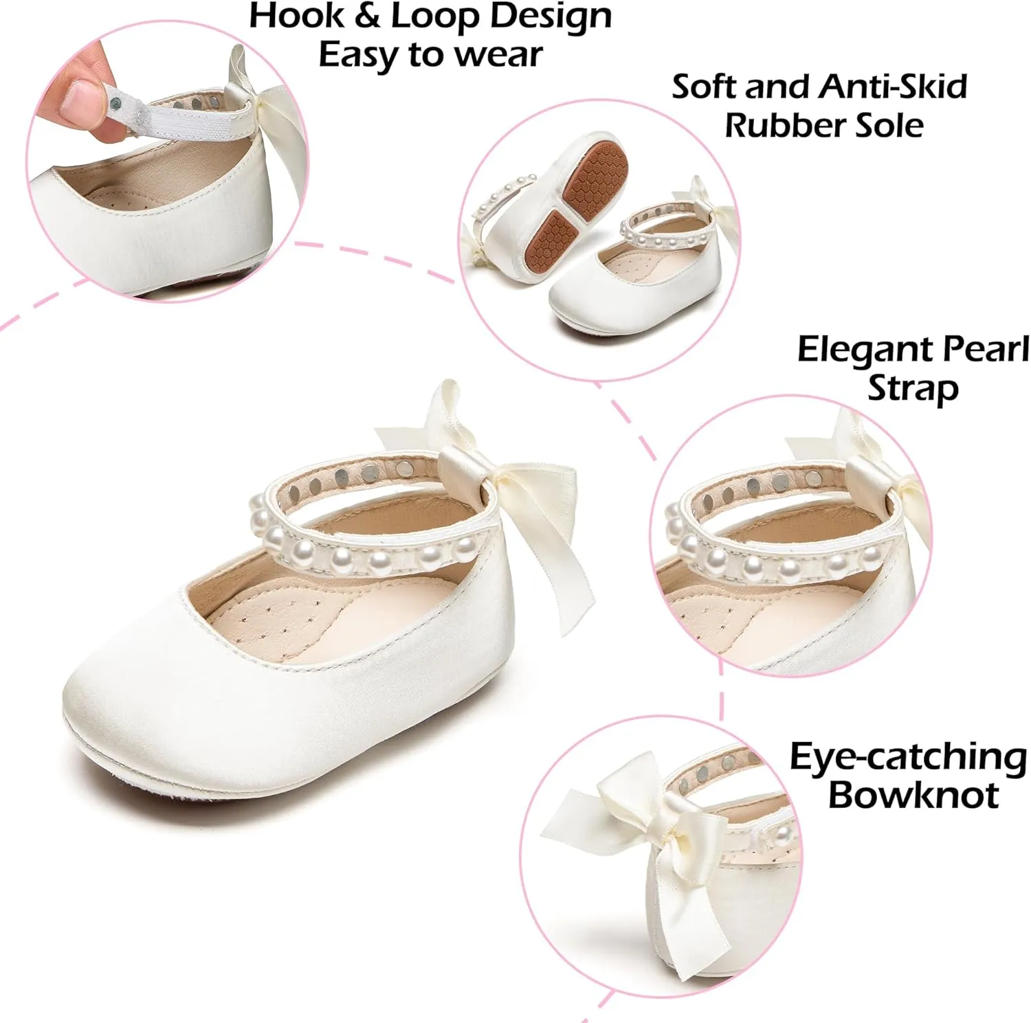 Baby Girls Mary Jane Flats - Infant Newborn Walking Shoes Soft Rubber Sole Princess Wedding