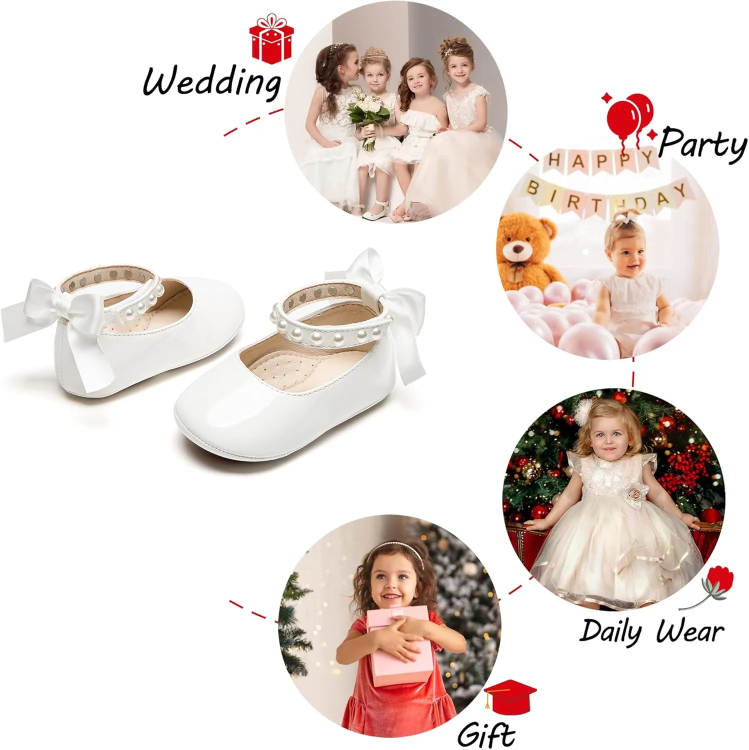 Baby Girls Mary Jane Flats - Infant Newborn Walking Shoes Soft Rubber Sole Princess Wedding