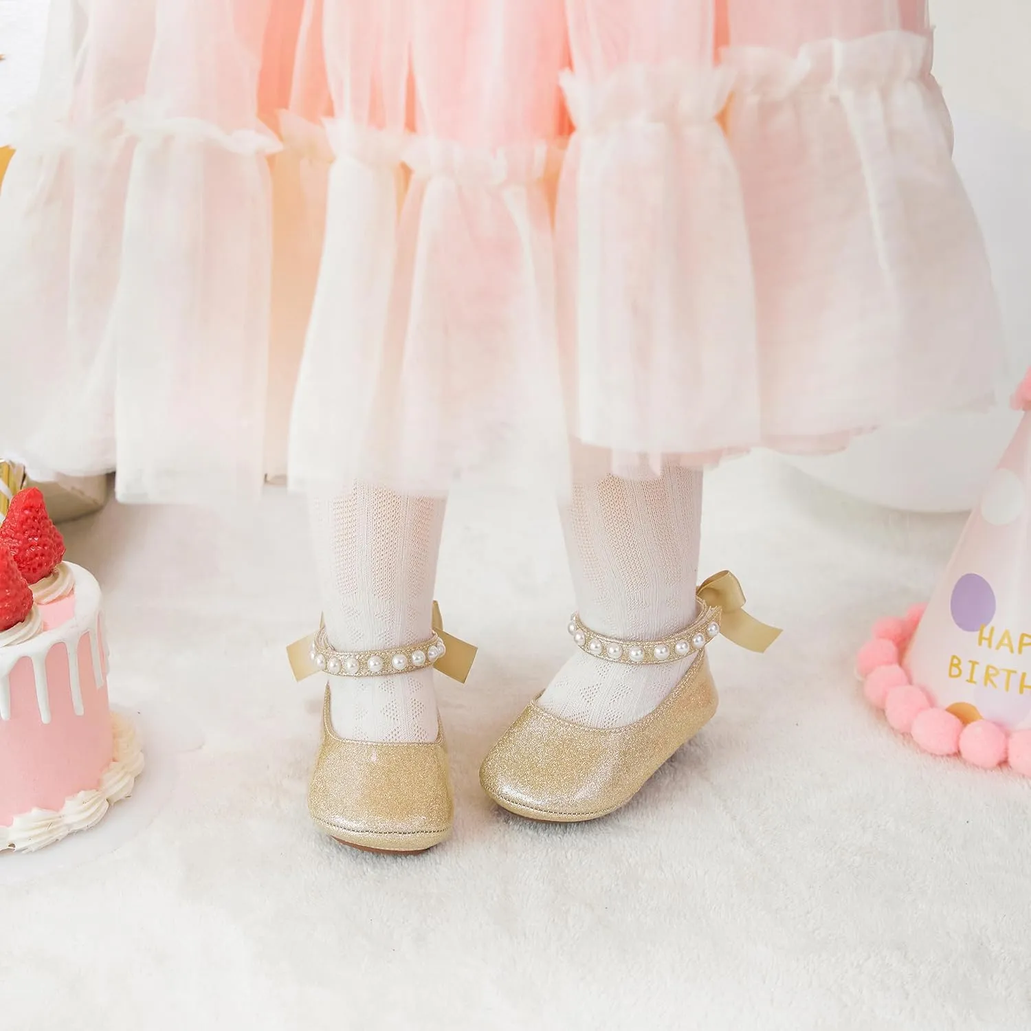 Baby Girls Mary Jane Flats - Infant Newborn Walking Shoes Soft Rubber Sole Princess Wedding