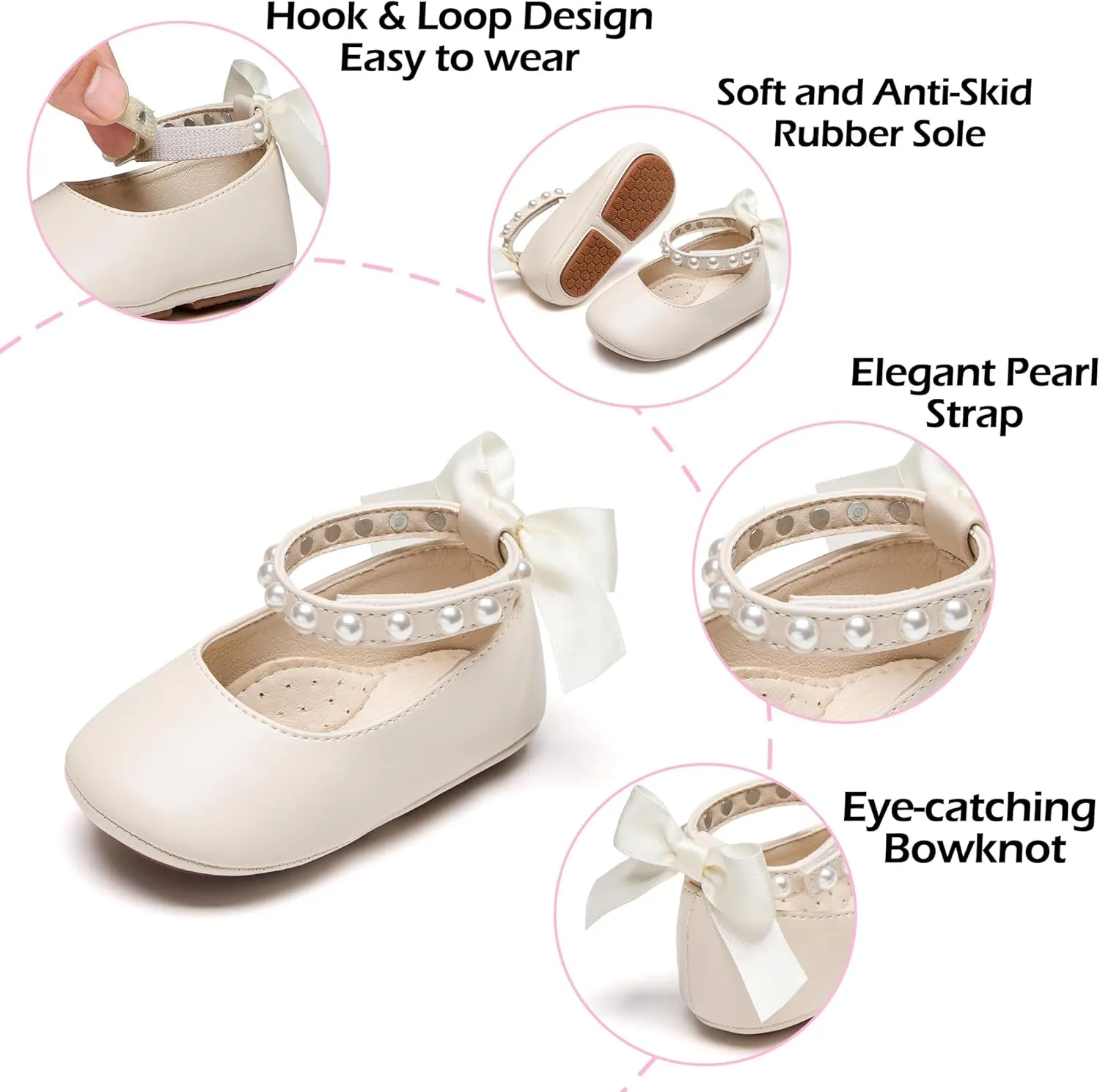 Baby Girls Mary Jane Flats - Infant Newborn Walking Shoes Soft Rubber Sole Princess Wedding