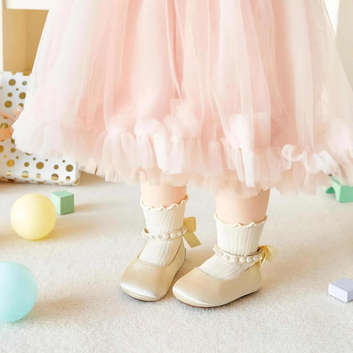 Baby Girls Mary Jane Flats - Infant Newborn Walking Shoes Soft Rubber Sole Princess Wedding