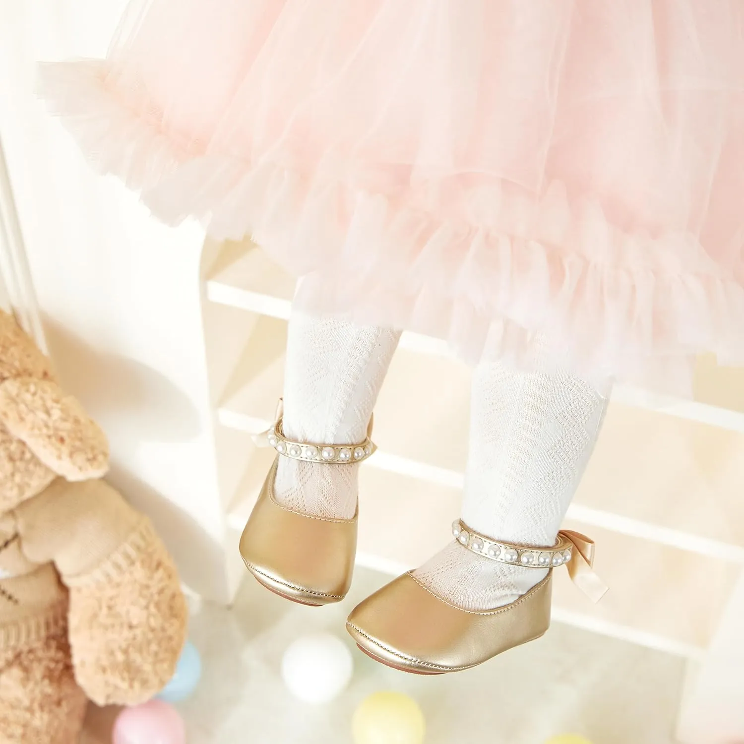 Baby Girls Mary Jane Flats - Infant Newborn Walking Shoes Soft Rubber Sole Princess Wedding