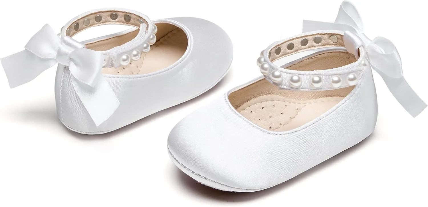 Baby Girls Mary Jane Flats - Infant Newborn Walking Shoes Soft Rubber Sole Princess Wedding