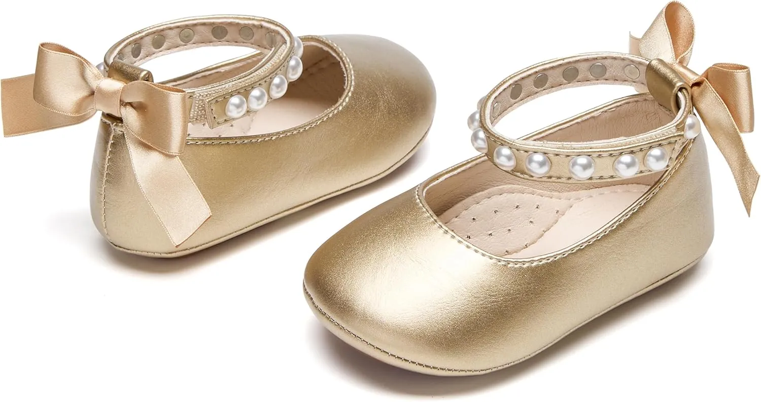 Baby Girls Mary Jane Flats - Infant Newborn Walking Shoes Soft Rubber Sole Princess Wedding
