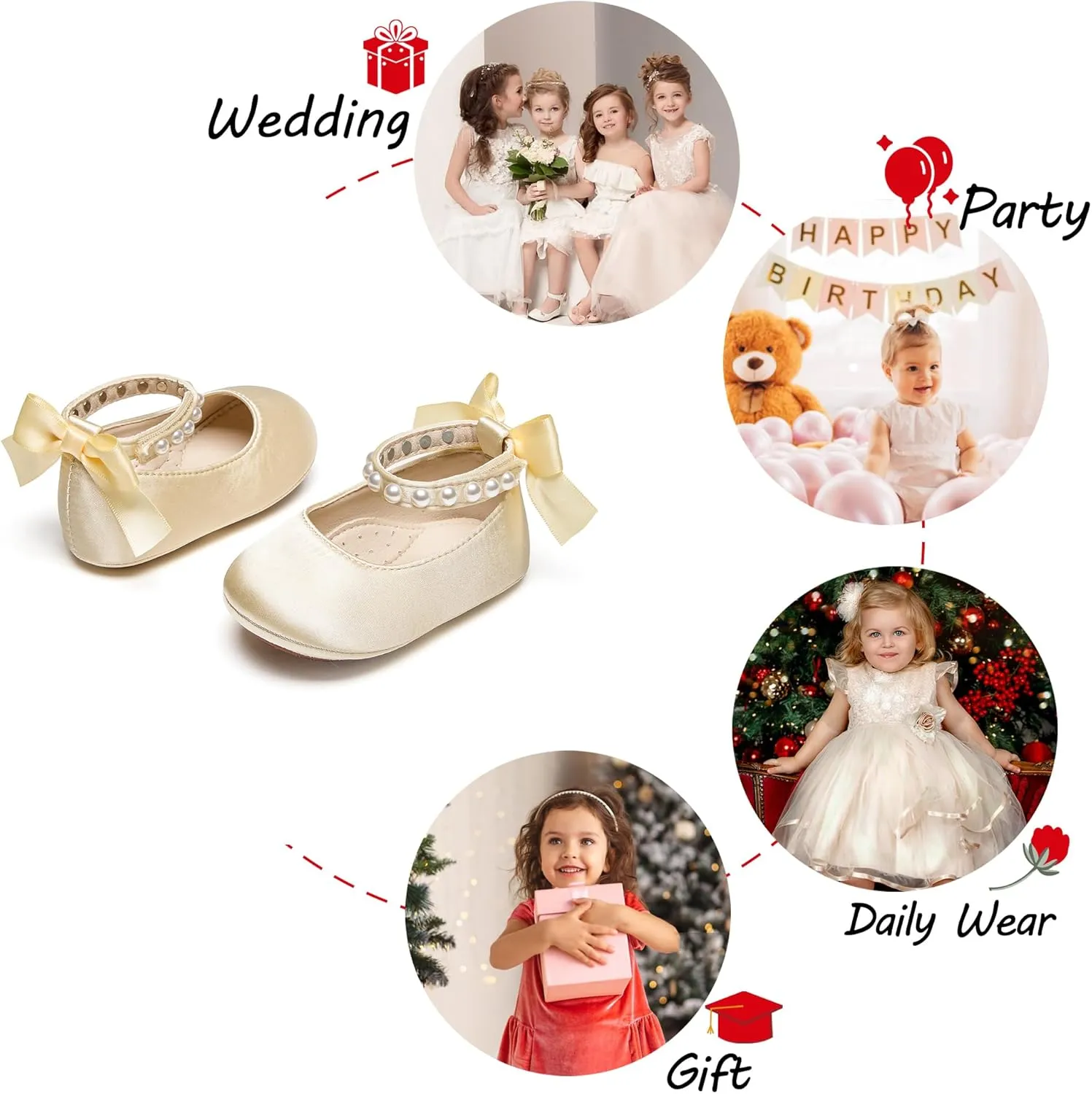 Baby Girls Mary Jane Flats - Infant Newborn Walking Shoes Soft Rubber Sole Princess Wedding