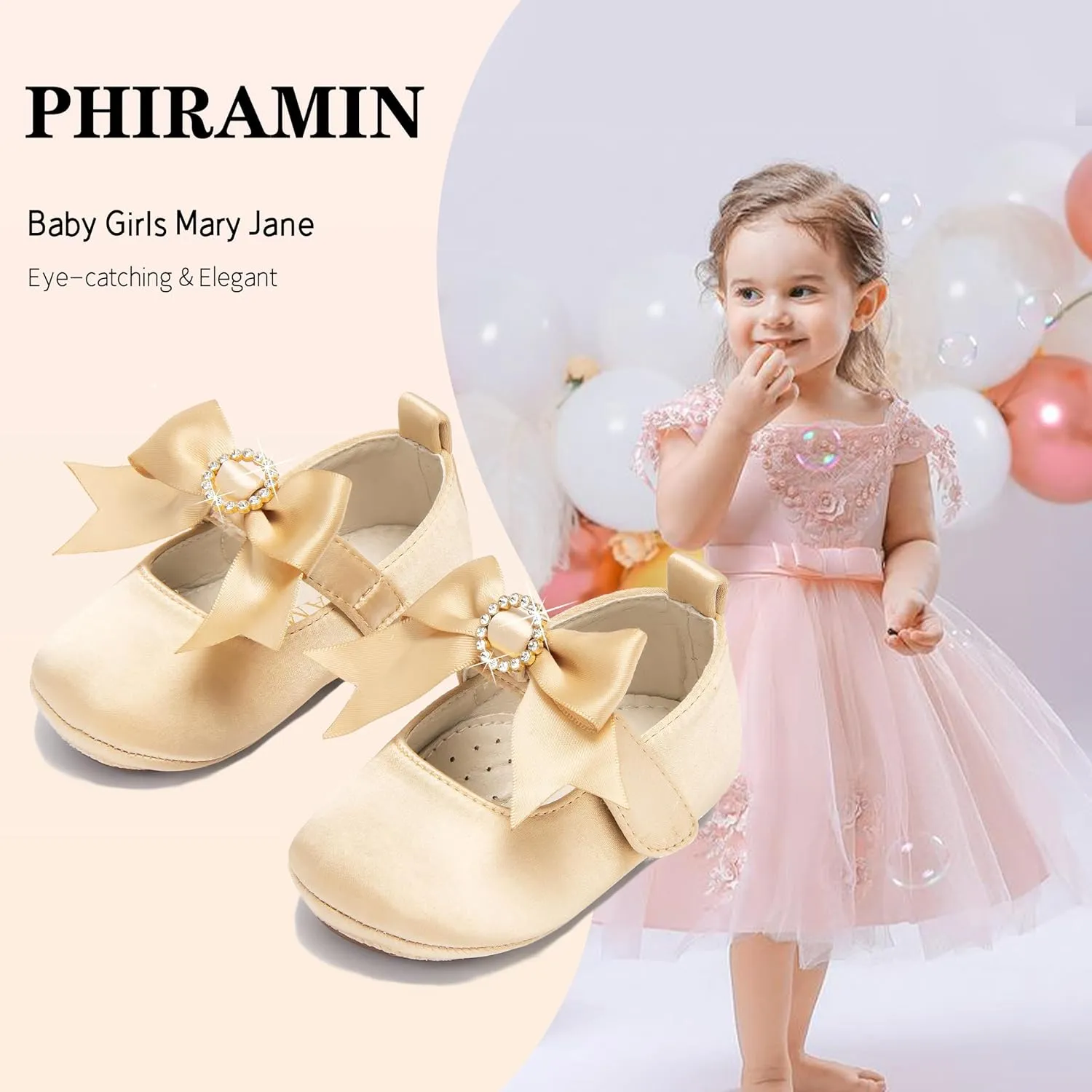 Baby Girls Mary Jane Flats - Infant Newborn Walking Shoes Soft Rubber Sole Princess Wedding
