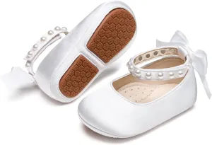 Baby Girls Mary Jane Flats - Infant Newborn Walking Shoes Soft Rubber Sole Princess Wedding