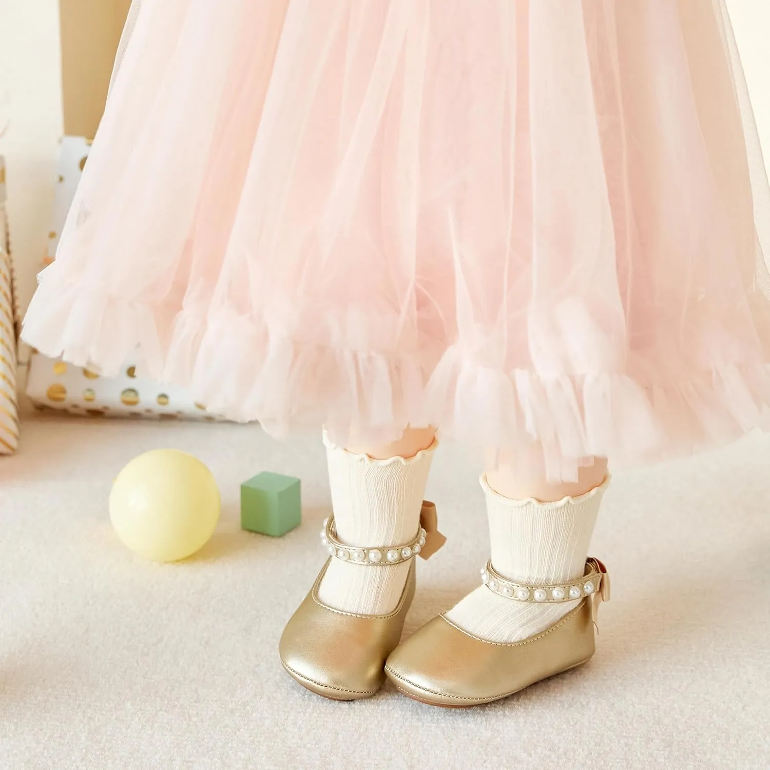 Baby Girls Mary Jane Flats - Infant Newborn Walking Shoes Soft Rubber Sole Princess Wedding