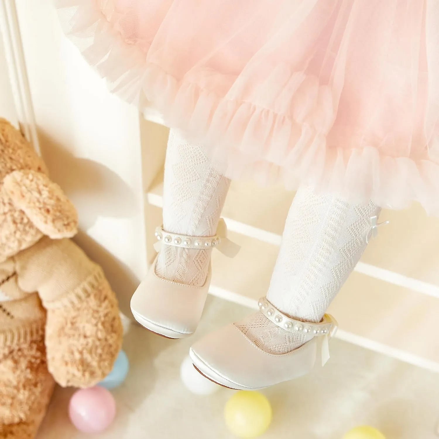 Baby Girls Mary Jane Flats - Infant Newborn Walking Shoes Soft Rubber Sole Princess Wedding