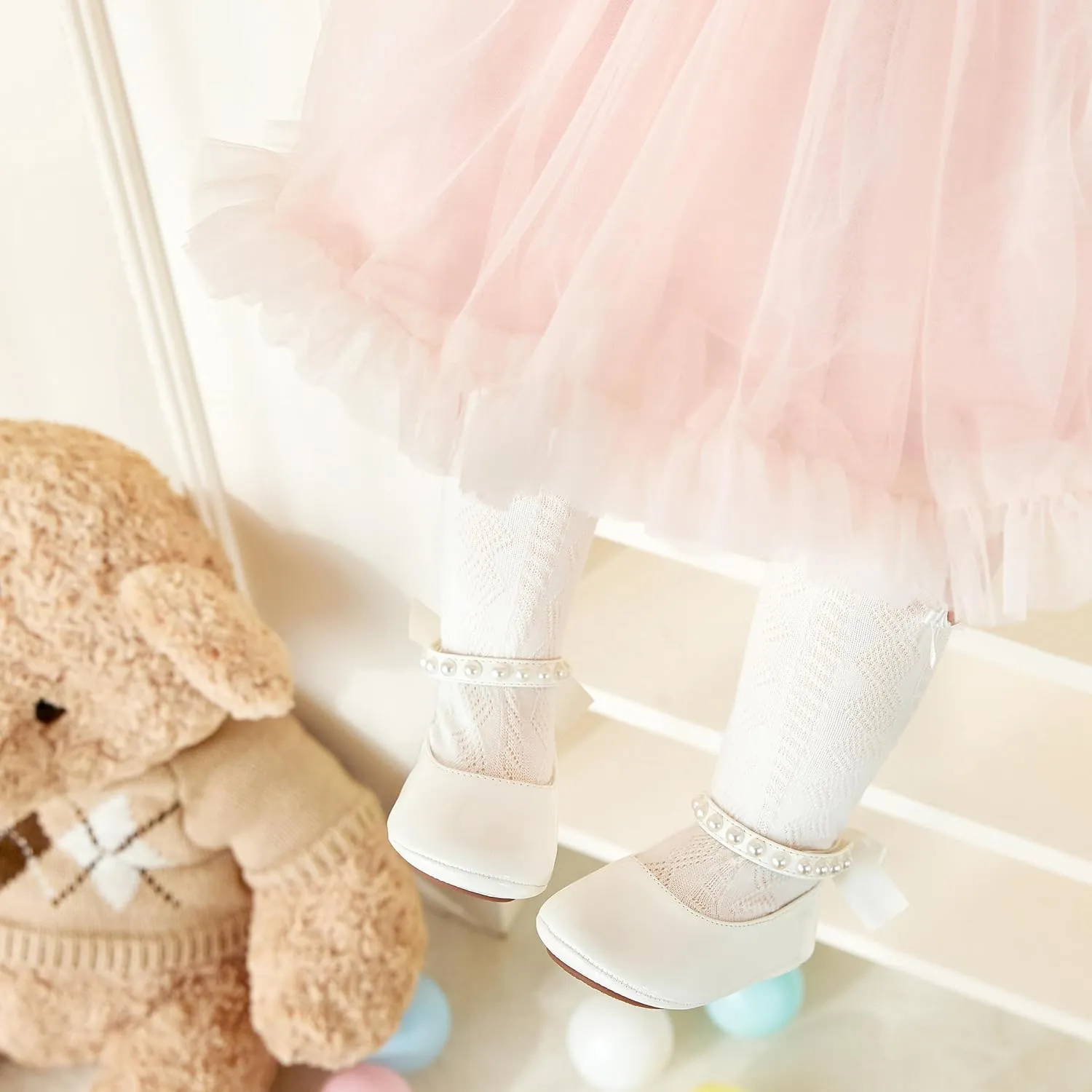 Baby Girls Mary Jane Flats - Infant Newborn Walking Shoes Soft Rubber Sole Princess Wedding