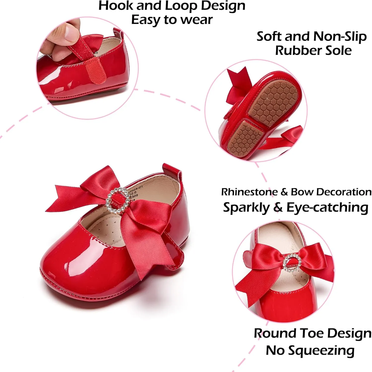 Baby Girls Mary Jane Flats - Infant Newborn Walking Shoes Soft Rubber Sole Princess Wedding