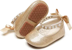 Baby Girls Mary Jane Flats - Infant Newborn Walking Shoes Soft Rubber Sole Princess Wedding
