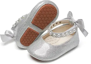 Baby Girls Mary Jane Flats - Infant Newborn Walking Shoes Soft Rubber Sole Princess Wedding