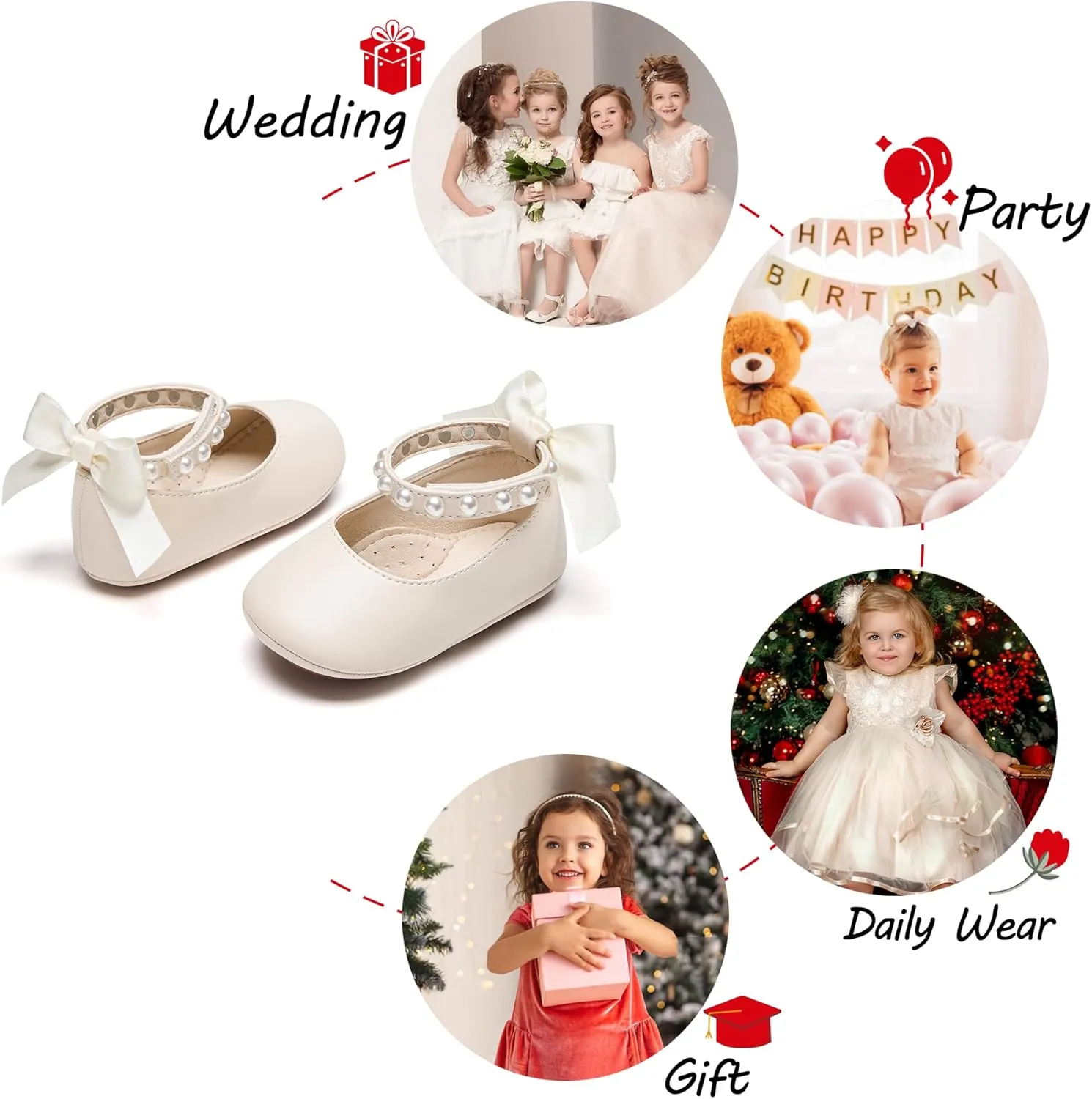 Baby Girls Mary Jane Flats - Infant Newborn Walking Shoes Soft Rubber Sole Princess Wedding