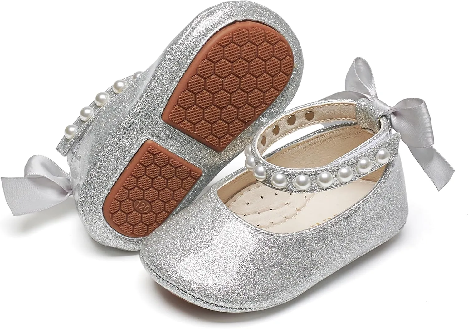 Baby Girls Mary Jane Flats - Infant Newborn Walking Shoes Soft Rubber Sole Princess Wedding