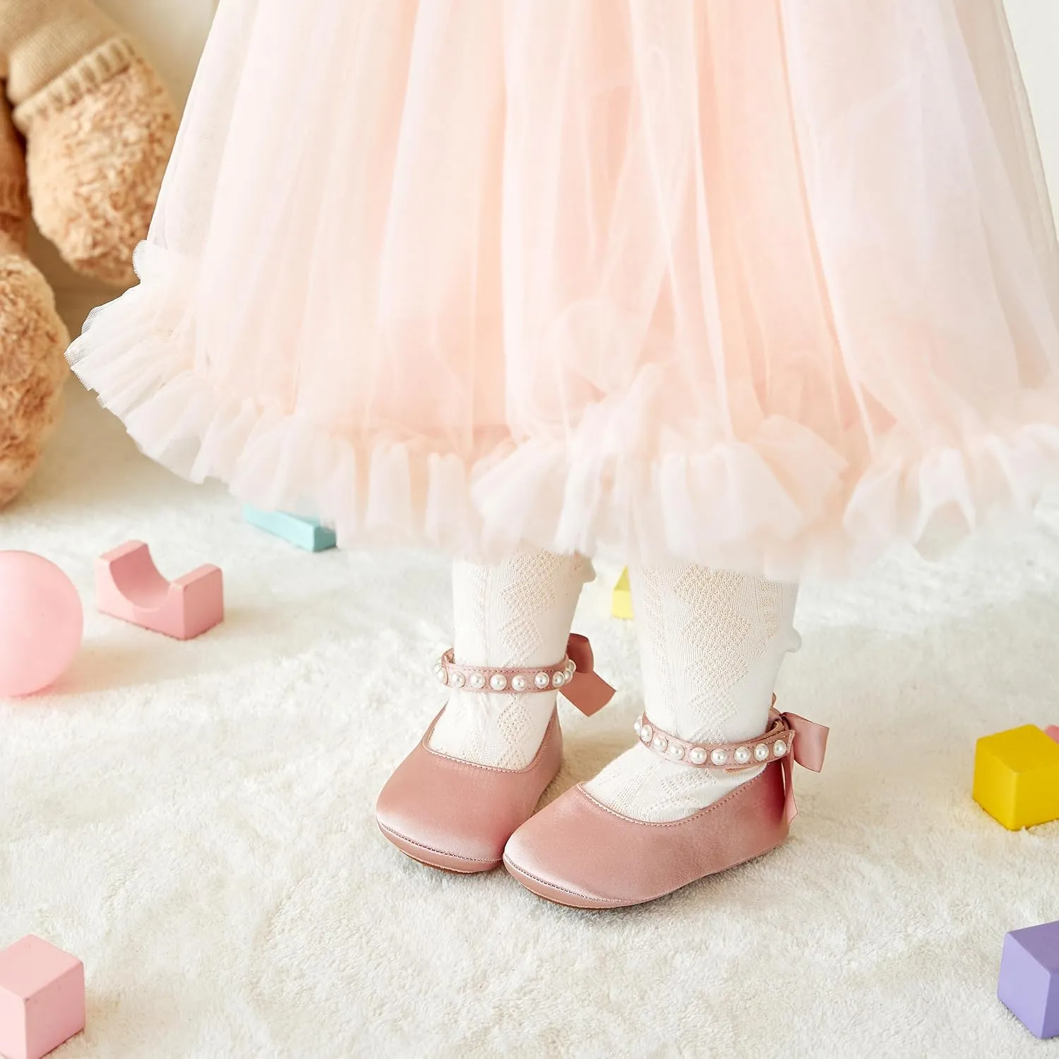Baby Girls Mary Jane Flats - Infant Newborn Walking Shoes Soft Rubber Sole Princess Wedding