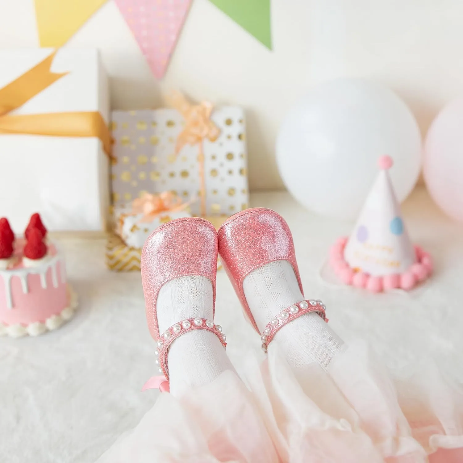 Baby Girls Mary Jane Flats - Infant Newborn Walking Shoes Soft Rubber Sole Princess Wedding
