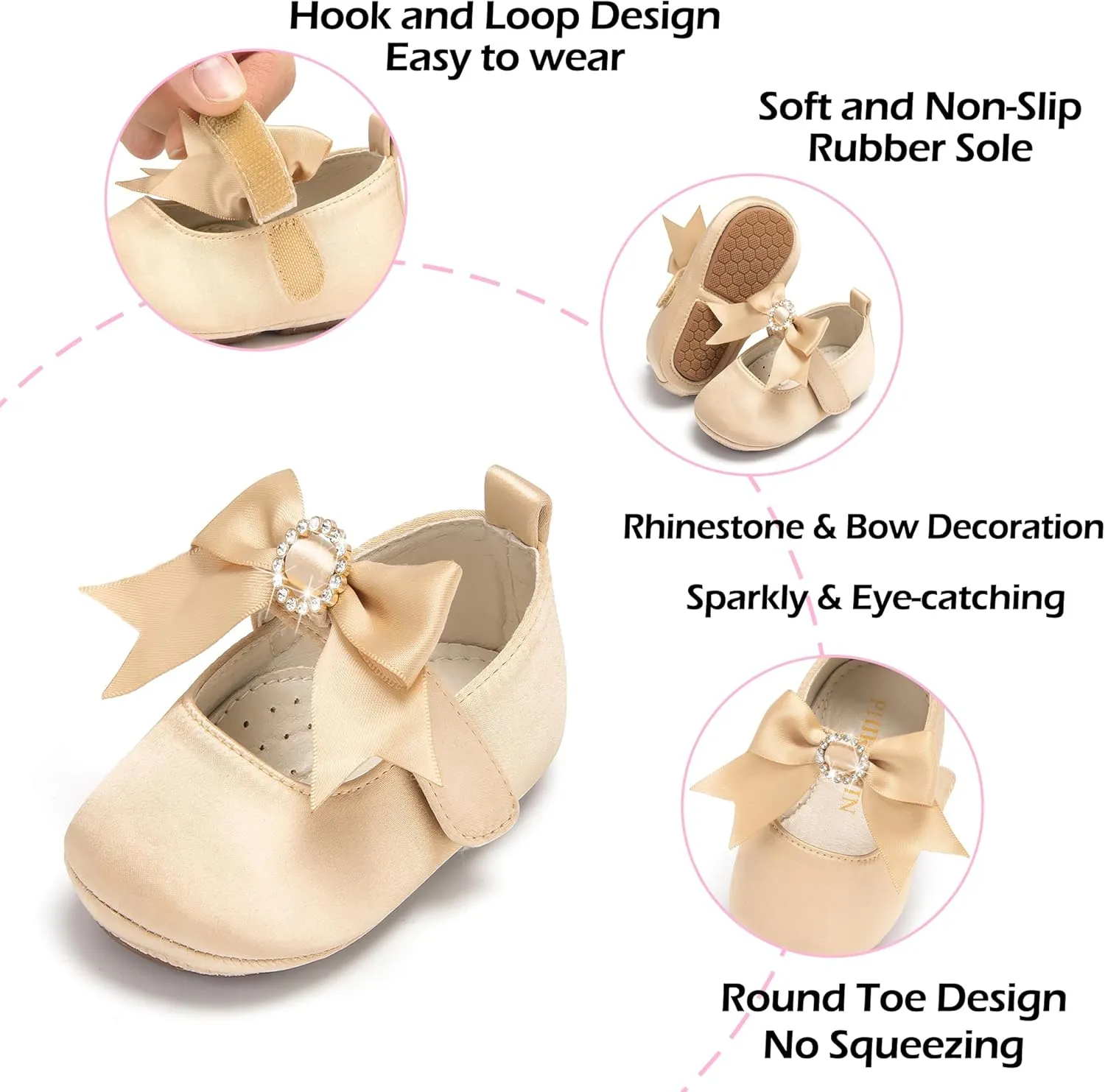 Baby Girls Mary Jane Flats - Infant Newborn Walking Shoes Soft Rubber Sole Princess Wedding