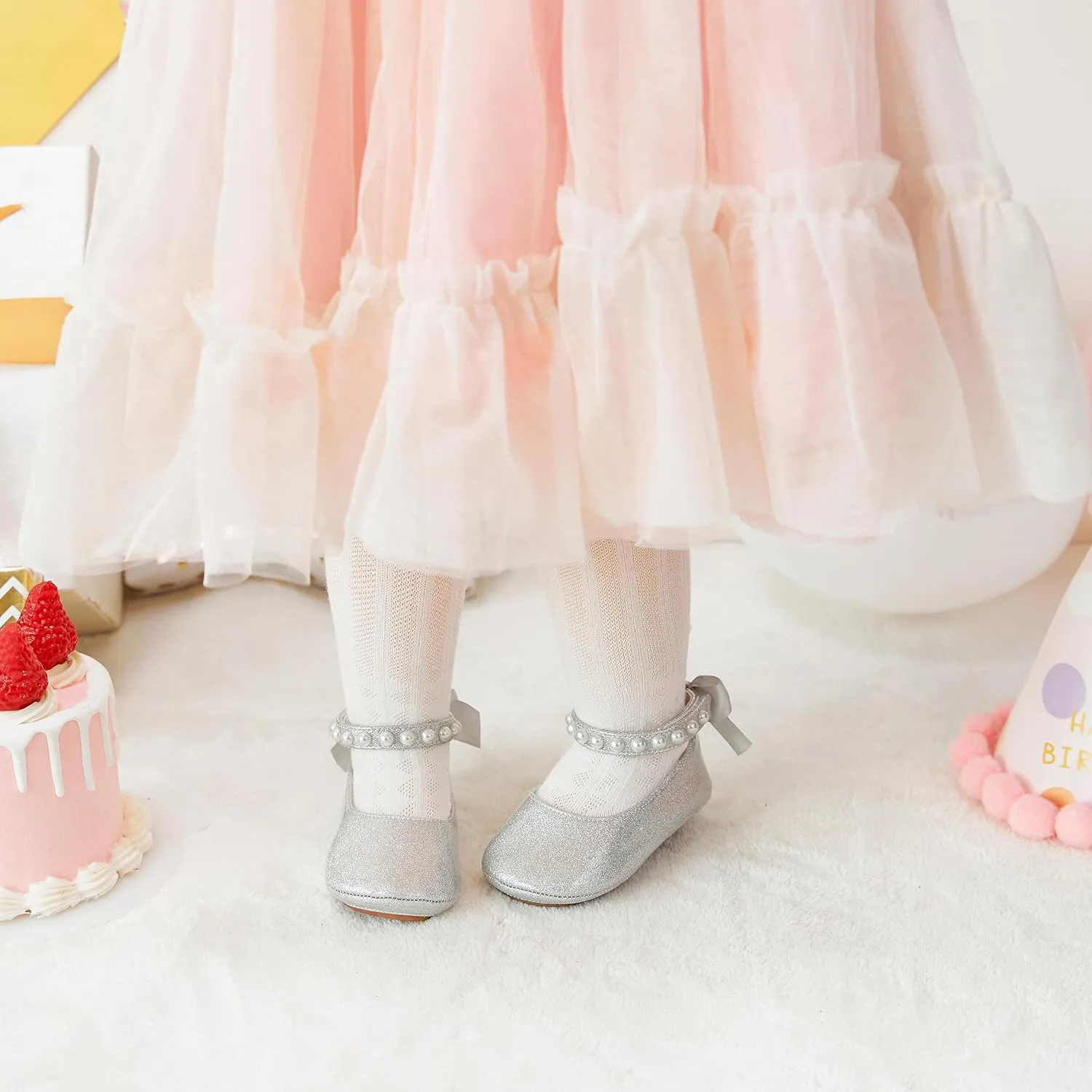 Baby Girls Mary Jane Flats - Infant Newborn Walking Shoes Soft Rubber Sole Princess Wedding