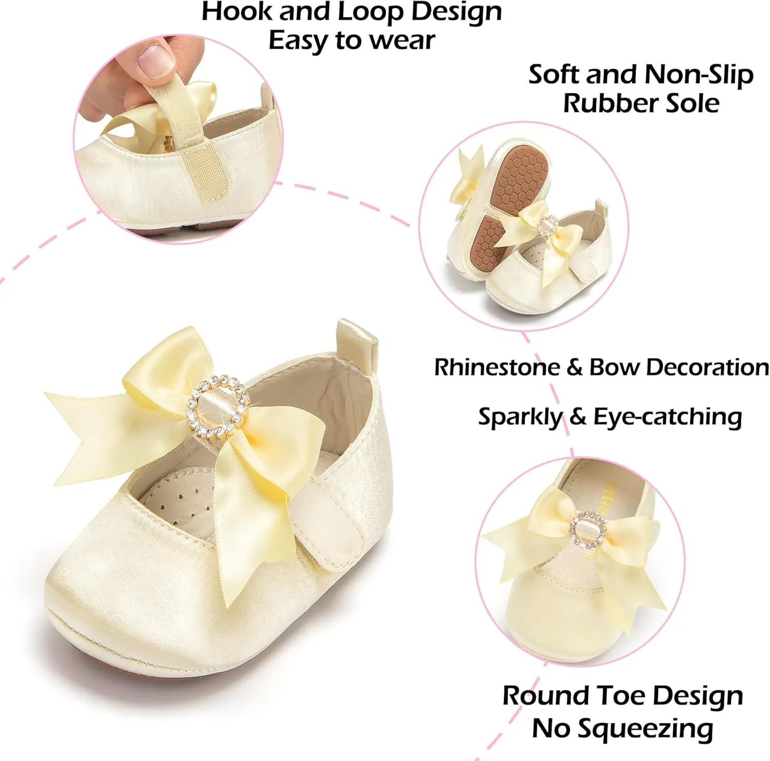 Baby Girls Mary Jane Flats - Infant Newborn Walking Shoes Soft Rubber Sole Princess Wedding