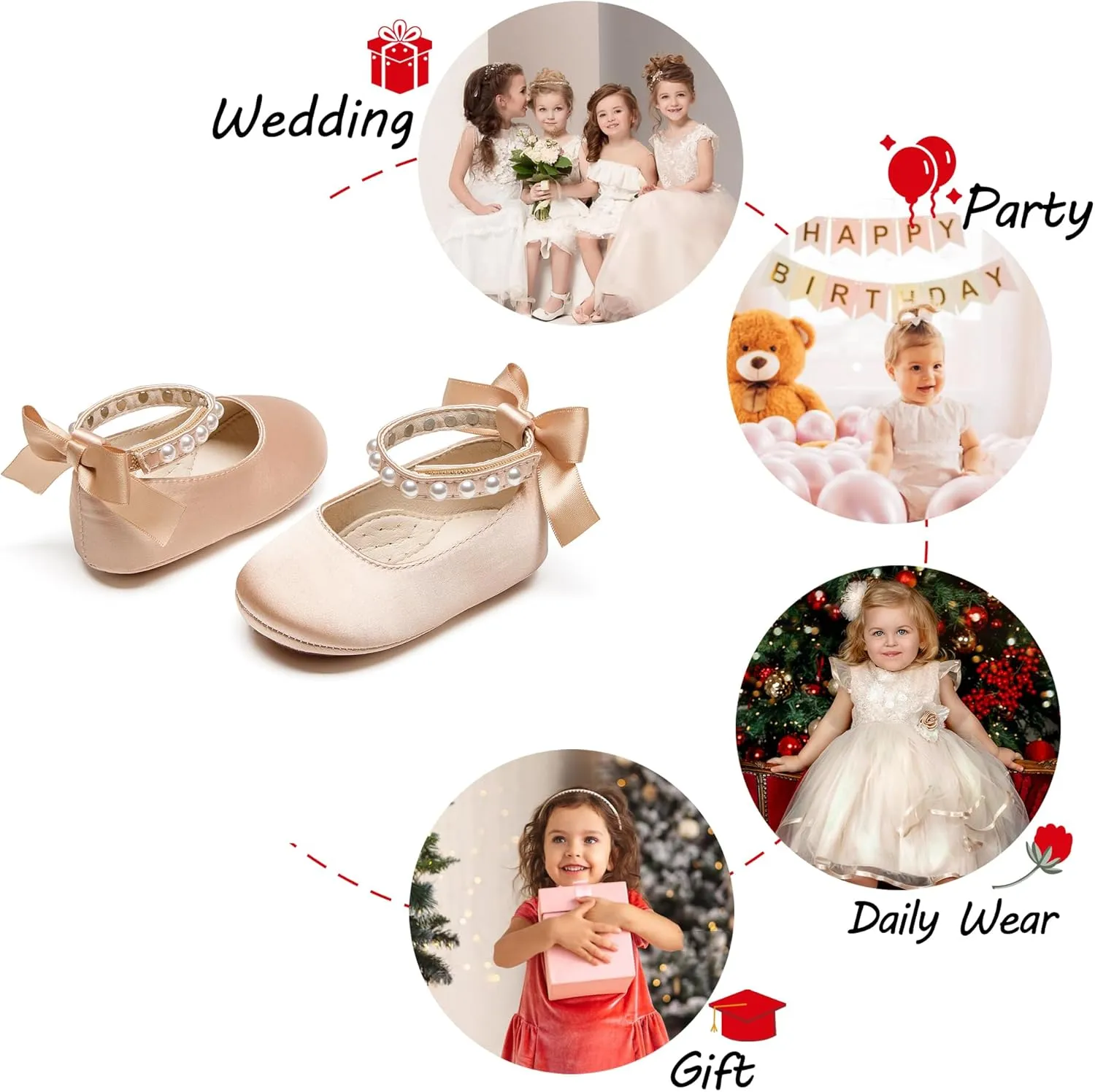Baby Girls Mary Jane Flats - Infant Newborn Walking Shoes Soft Rubber Sole Princess Wedding