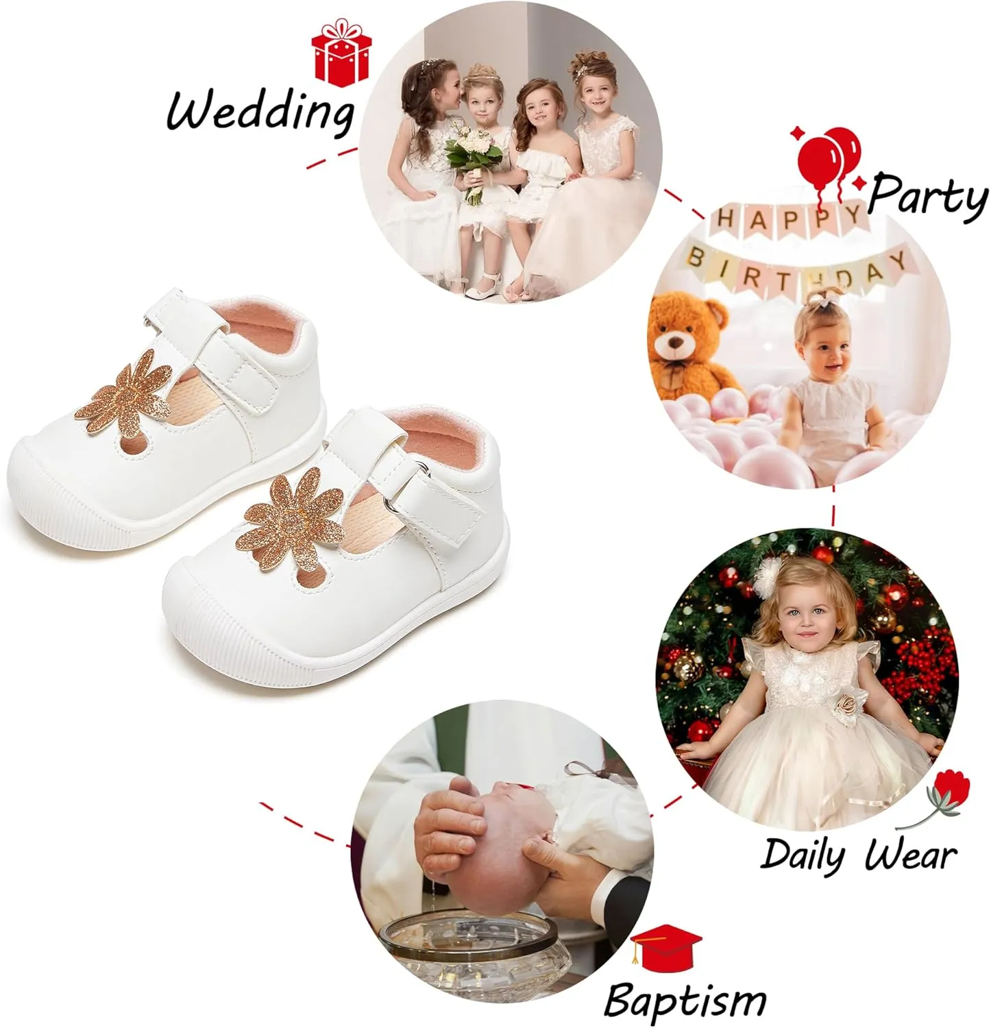 Baby Girls Mary Jane Flats - Infant Newborn Walking Shoes Soft Rubber Sole Princess Wedding