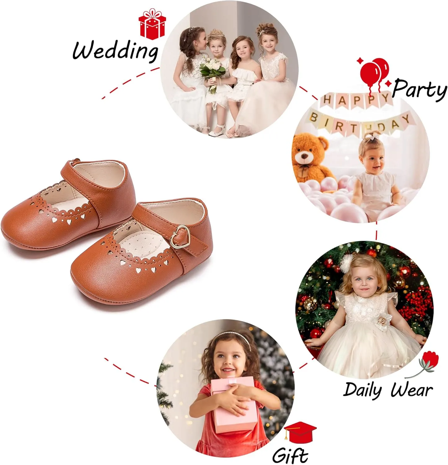 Baby Girls Mary Jane Flats - Infant Newborn Walking Shoes Soft Rubber Sole Princess Wedding