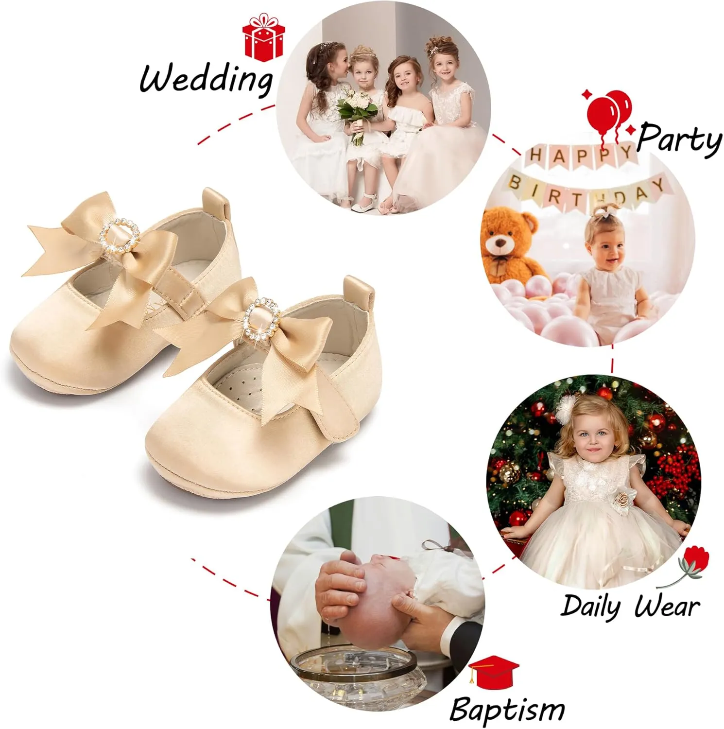 Baby Girls Mary Jane Flats - Infant Newborn Walking Shoes Soft Rubber Sole Princess Wedding