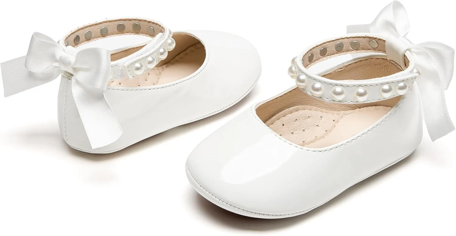 Baby Girls Mary Jane Flats - Infant Newborn Walking Shoes Soft Rubber Sole Princess Wedding