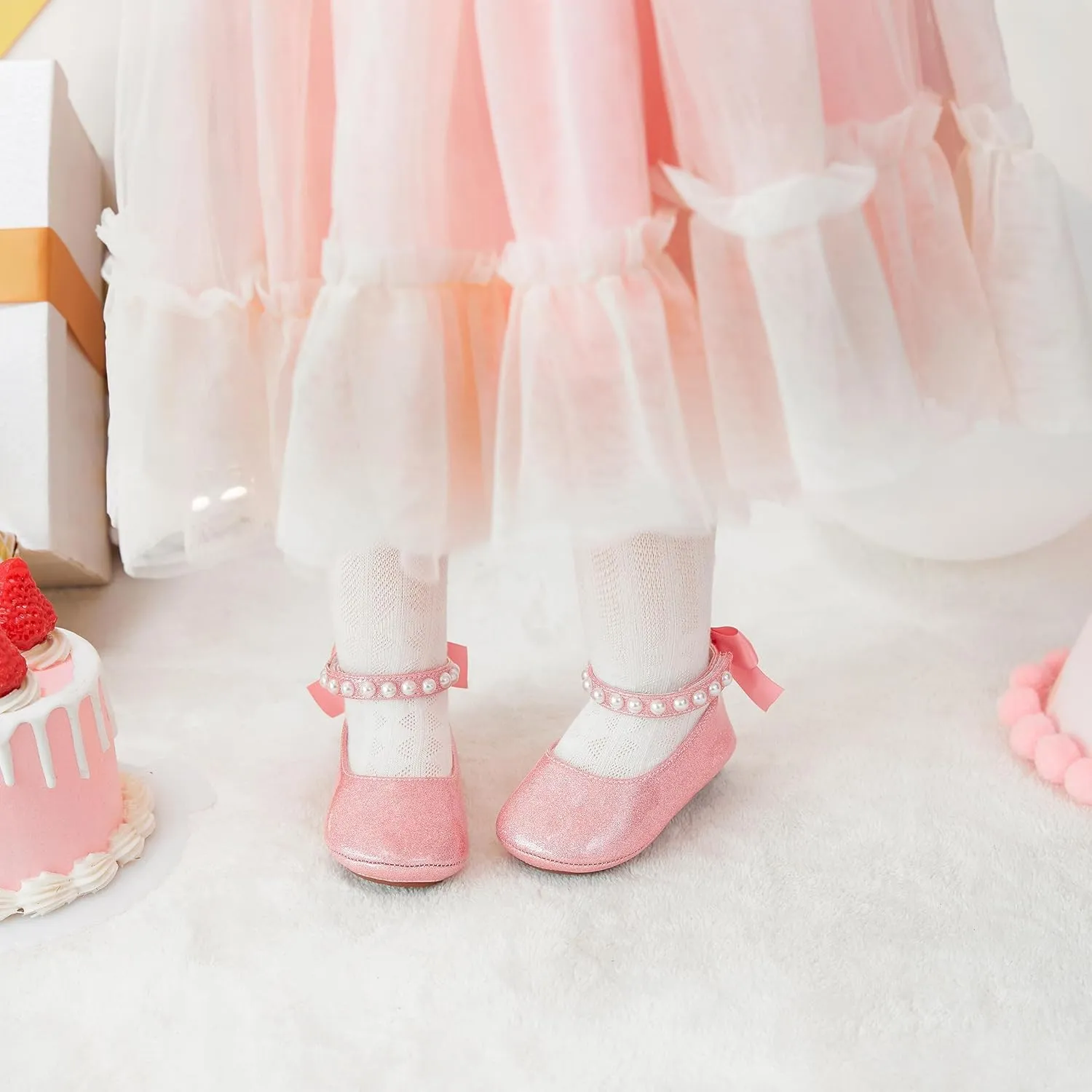 Baby Girls Mary Jane Flats - Infant Newborn Walking Shoes Soft Rubber Sole Princess Wedding