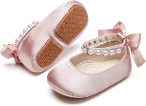 Baby Girls Mary Jane Flats - Infant Newborn Walking Shoes Soft Rubber Sole Princess Wedding