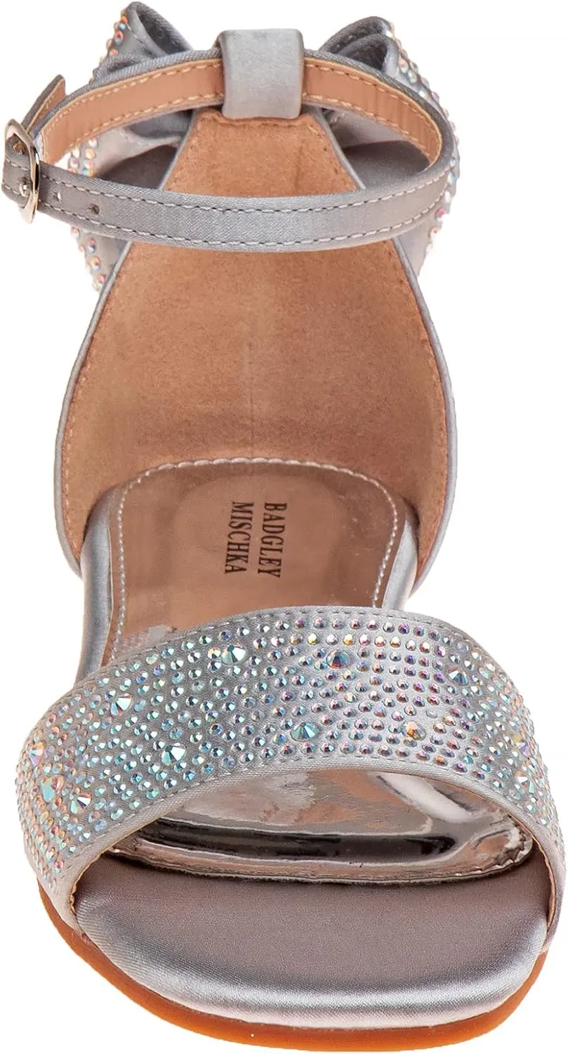 Badgley Mischka Toddler Girls Sandals - Kids Dress Shoes Slip-On Party Open Toe Flat Sandal Rhinestone Strappy Glitter (Bow Ankle Buckle) (Little Kid/Big Kid) (RoseGold Black)