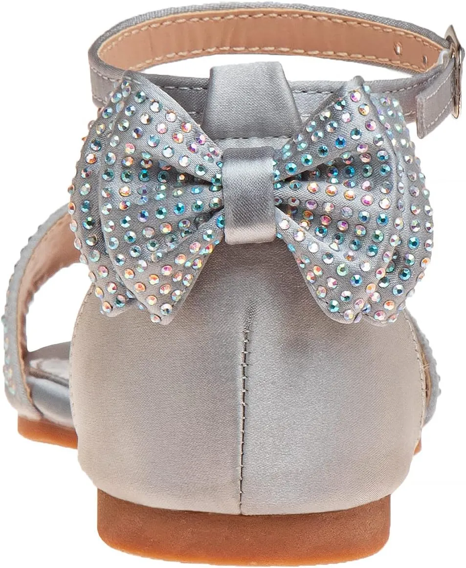 Badgley Mischka Toddler Girls Sandals - Kids Dress Shoes Slip-On Party Open Toe Flat Sandal Rhinestone Strappy Glitter (Bow Ankle Buckle) (Little Kid/Big Kid) (RoseGold Black)