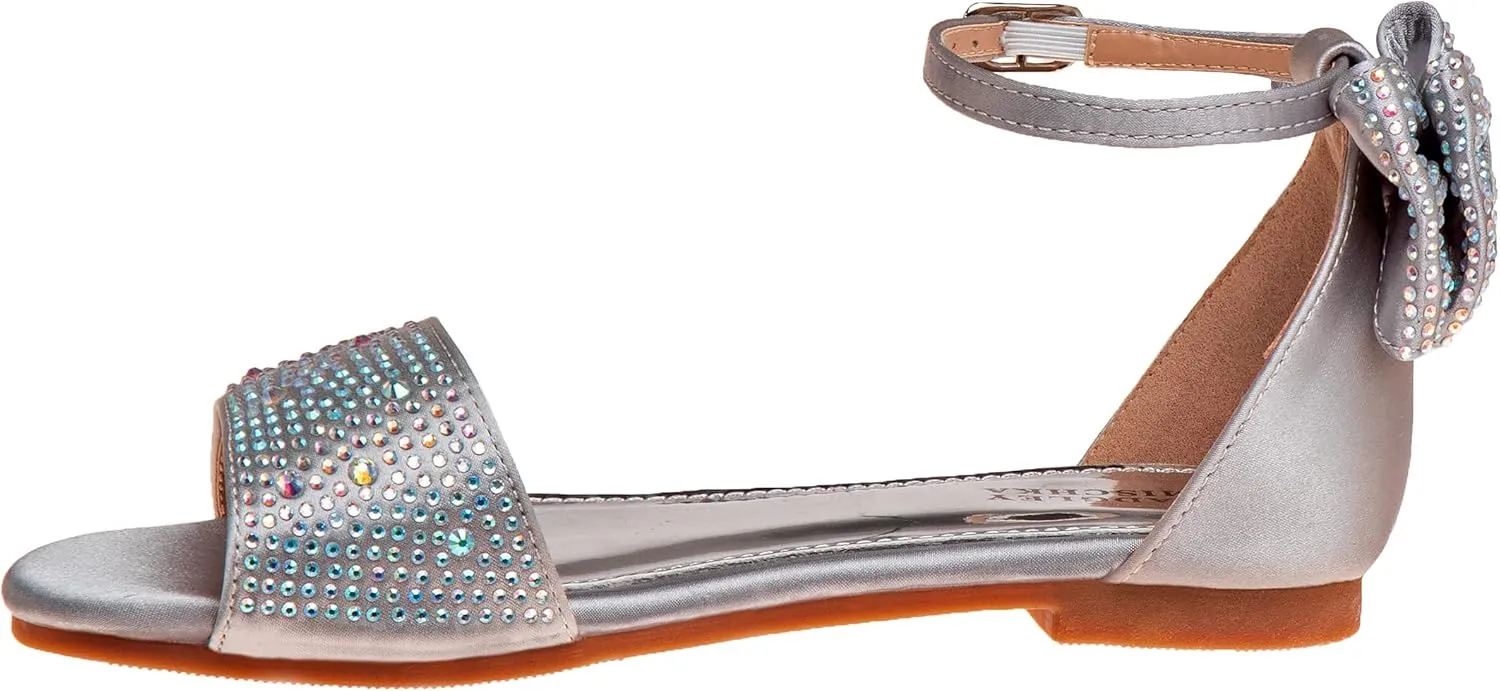 Badgley Mischka Toddler Girls Sandals - Kids Dress Shoes Slip-On Party Open Toe Flat Sandal Rhinestone Strappy Glitter (Bow Ankle Buckle) (Little Kid/Big Kid) (RoseGold Black)