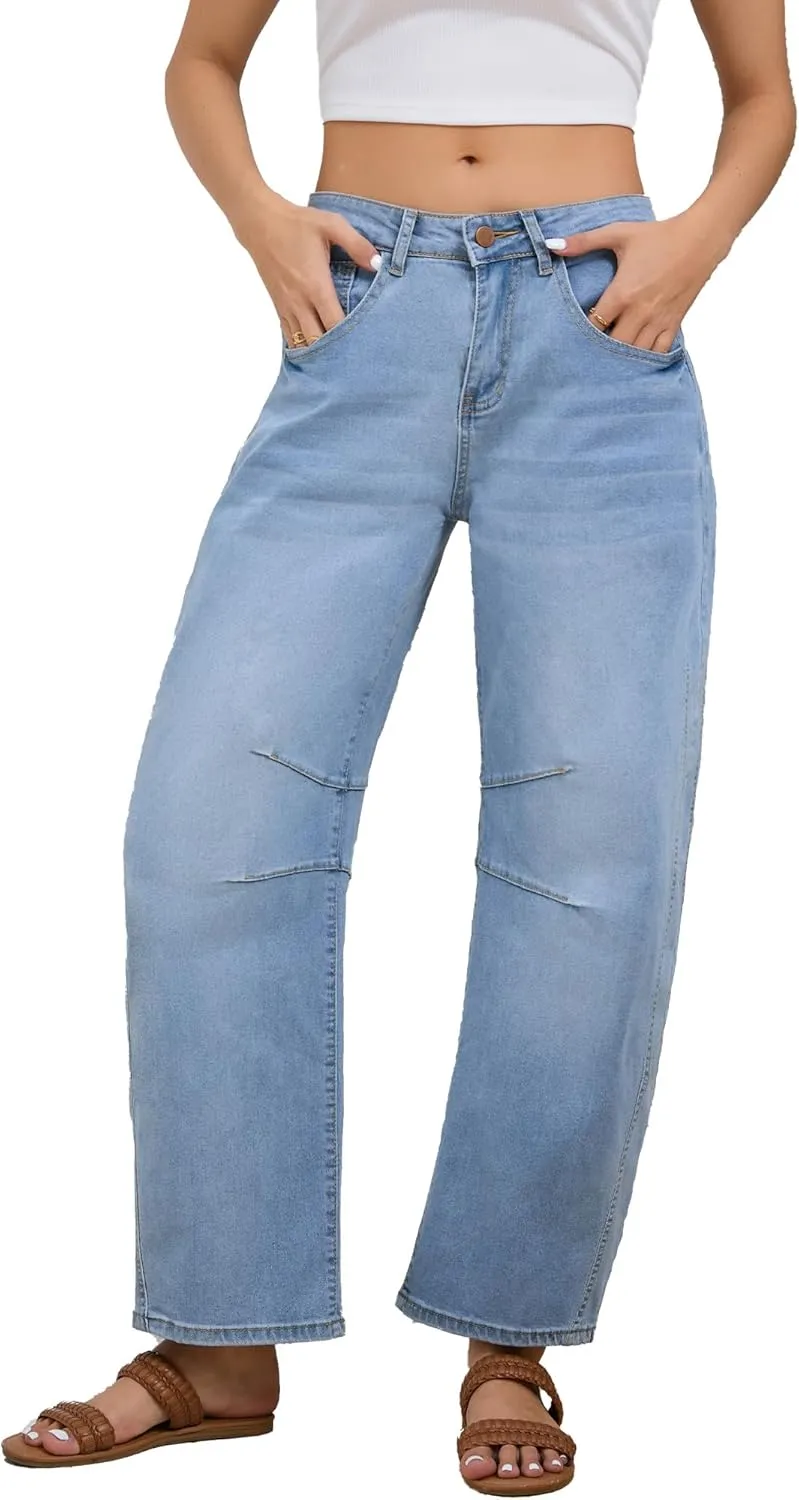 Barrel Jeans for Women Wide Leg Denim Pants Y2k Baggy Boyfriend Jeans with Pockets