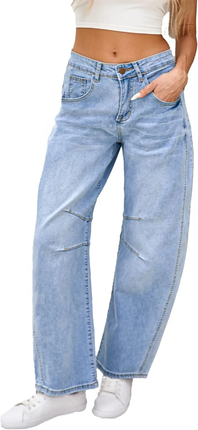 Barrel Jeans for Women Wide Leg Denim Pants Y2k Baggy Boyfriend Jeans with Pockets