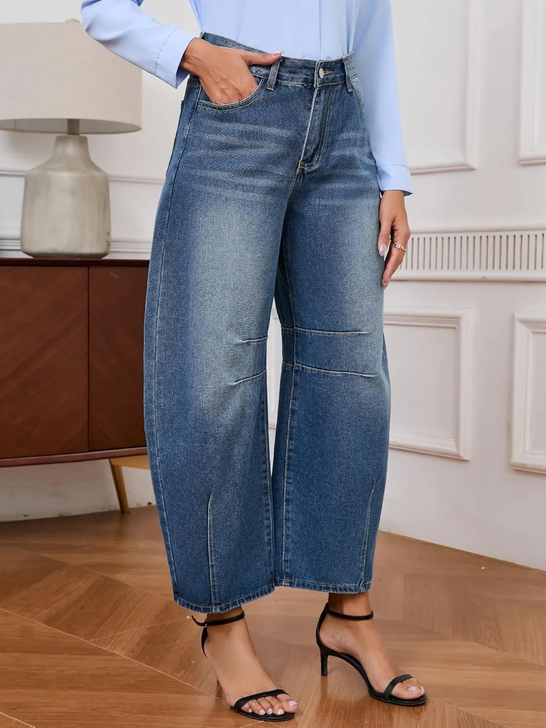 Barrel Jeans for Women Wide Leg Denim Pants Y2k Baggy Boyfriend Jeans with Pockets