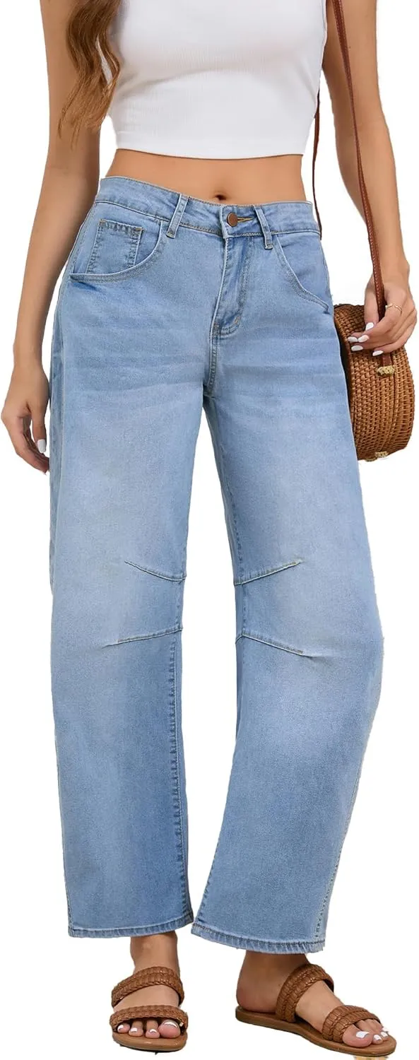 Barrel Jeans for Women Wide Leg Denim Pants Y2k Baggy Boyfriend Jeans with Pockets